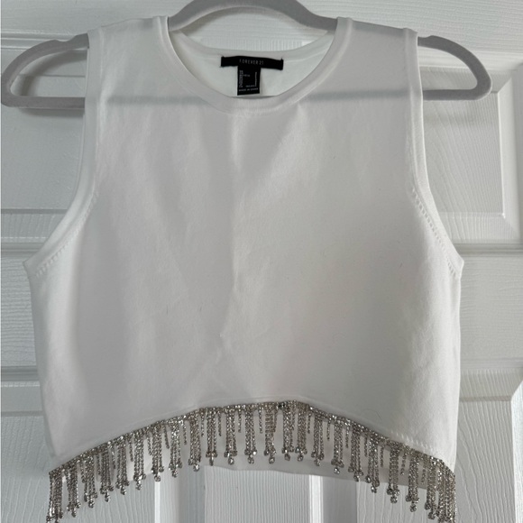 Forever 21 White Tank Top with Silver Rhinestone Fringe - Picture 1 of 2